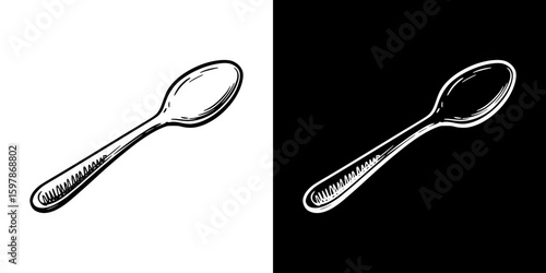 teaspoon, isolated hand-drawn vector image in two design variants - on transparent and black background, chalk drawing