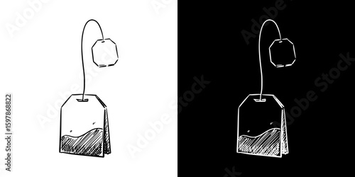 tea bag, isolated hand-drawn vector image in two design variants - on transparent and black background, chalk drawing