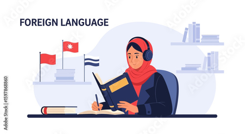 Dedicated Student Immersing In Language Education With Books And Global Representation