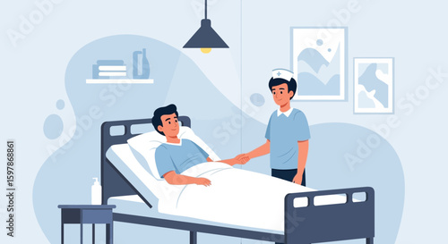 Caring Nurse Visiting Male Patient In Hospital Room Offering Comfort