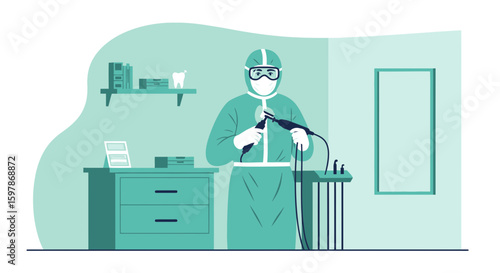 Healthcare Professional In Full Protective Gear Operating Dental Equipment