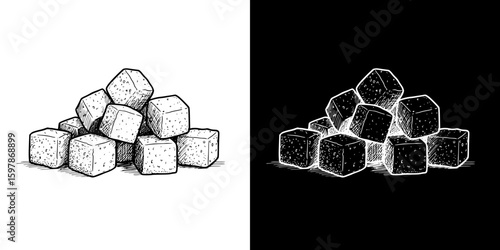 sugar cubes, isolated hand-drawn vector image in two design variants - on transparent and black background, chalk drawing