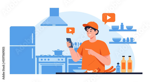 Man Watching Online Culinary Tutorial In Kitchen For Home Cooking Inspiration