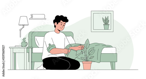 Man Water Plant In His Bedroom Relaxing At Home Minimalist Illustration