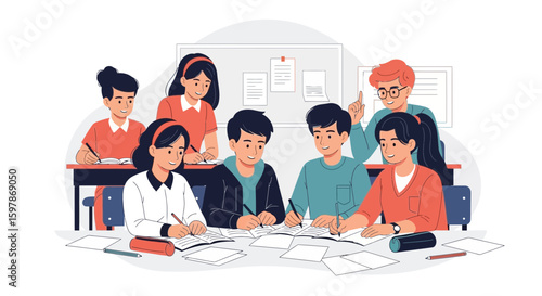 Dedicated Students Collaborate Studying At School Together In Classroom Learning
