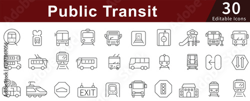 Public Transit Line Icons Set with Editable Stroke for Transportation, Bus, Train, and Urban Mobility