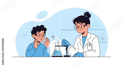 Excited Student Observing Science Experiment Conducted By Female Chemist