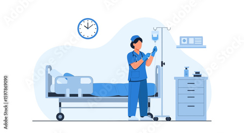 Healthcare Professional Prepares Iv Drip In Hospital Room For Patient Care