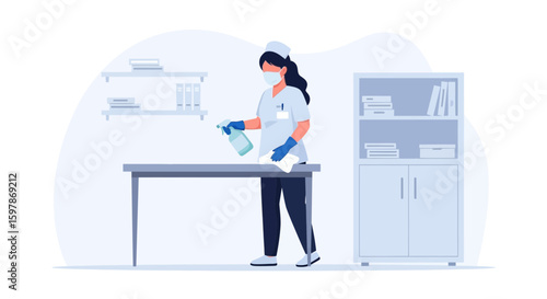 Healthcare Professional Sanitizing Surface In Hospital Cleanliness And Hygiene Protocol