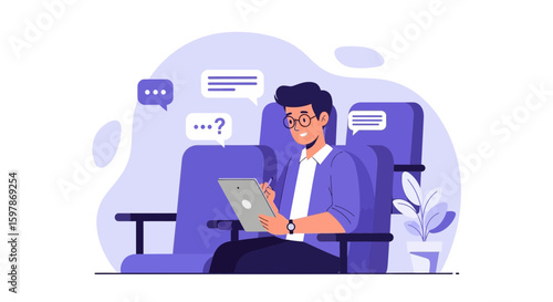 Man With Tablet Writing Ideas In An Empty Theater Hall Illustration