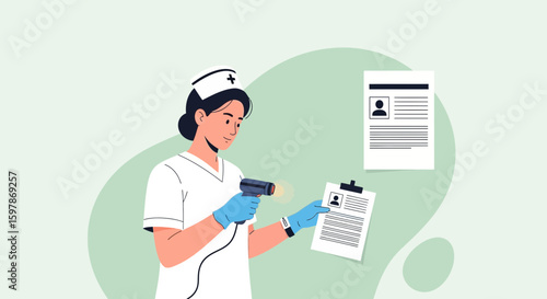 Healthcare Professional Scanning Medical Information For Patient Record In Modern Clinic
