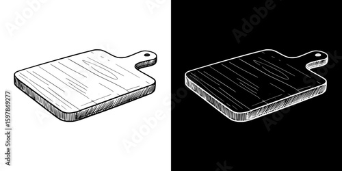 a wooden cutting board, isolated hand-drawn vector image in two design variants - on transparent and black background, chalk drawing