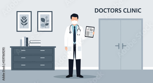 Healthcare Professional Standing Inside Clinic Holding Medical Record Chart