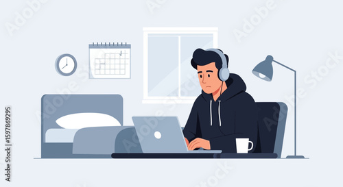 Man Working From Home Focused On Laptop In Cozy Bedroom Illustration