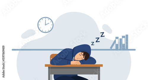 Exhausted Student Drowsing Off In Class During Lecture Time Cartoon Illustration
