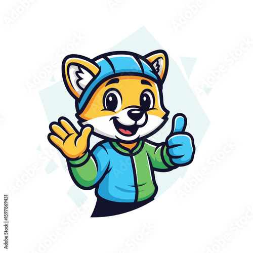 Cheerful cartoon fox in a blue and green hoodie giving a thumbs-up and waving. Friendly and energetic character perfect for kids, branding, or mascot use.