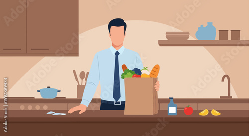 Delivery Man In Kitchen With Grocery Bag Full Of Fresh Produce And Kitchenware