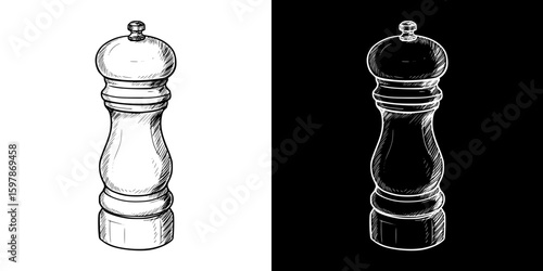 a pepper mill, isolated hand-drawn vector image in two design variants - on transparent and black background, chalk drawing