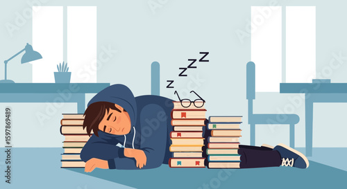 Exhausted Student Napping On Book Stack After Overwhelmed Exam Studying Schedule