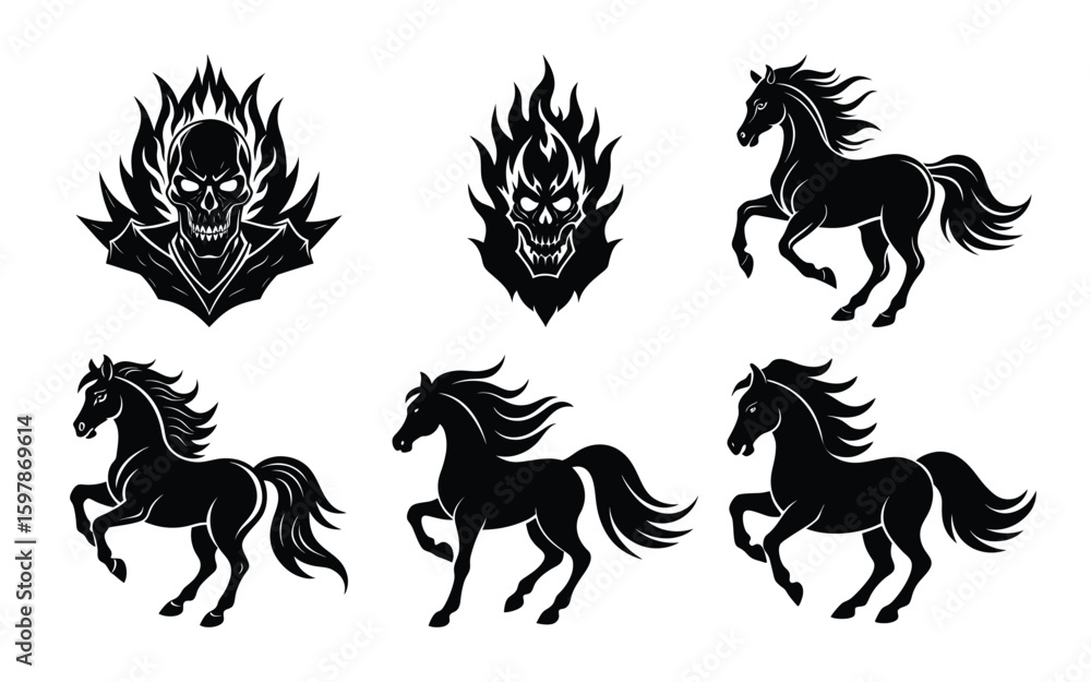 Fototapeta premium Vector art of collection of flaming skulls and running horses