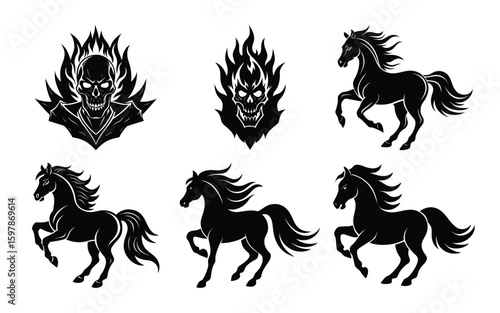 Vector art of collection of flaming skulls and running horses