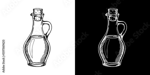 Isolated vector image of a glass oil bottle in chalk drawing style, in two design variants - on transparent and black backgrounds