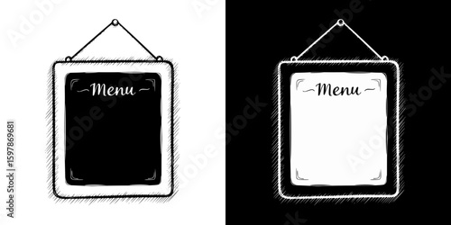Chalk drawing of a menu, isolated hand-drawn vector image in two design variants - on transparent and black background