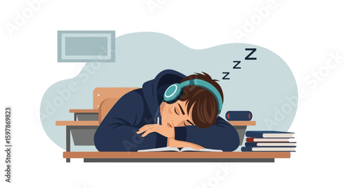 Exhausted Student Sleeps During Class While Listening Music With Headphones