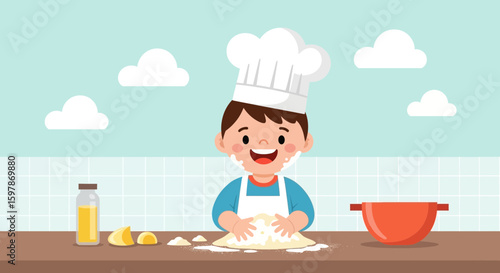 Cheerful Boy Preparing Dough In Kitchen Wearing Chef Hat With Lemonade