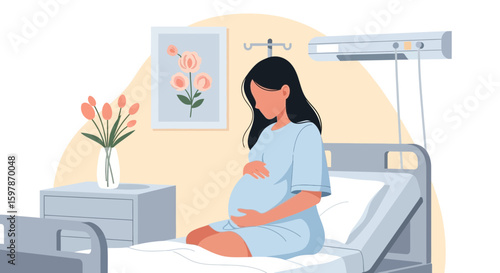 Expecting Mother Sitting On Hospital Bed Embracing Her Pregnant Belly Moment Concept