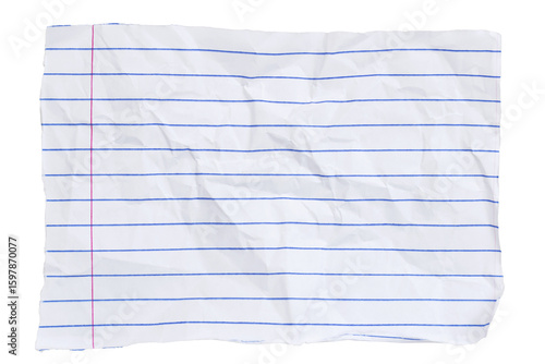 Crumbled lined loose leaf notebook paper ripped rectangle isolated on white