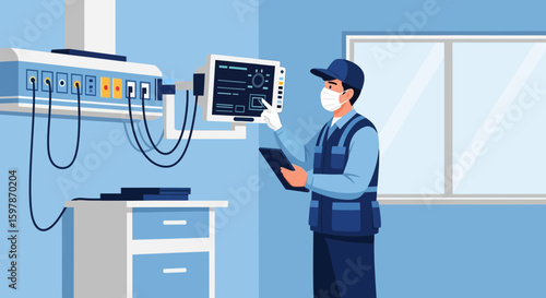 Medical Equipment Technician Inspecting And Repairing Hospital Monitoring Systems
