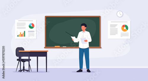 Experienced Teacher Explaining Lesson near Blackboard Classroom Presentation