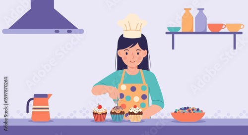 Cheerful Confectioner Adorning Sweet Cupcakes In An Artistic Kitchen Interior Design