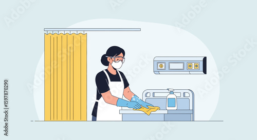 Hospital Sanitation Worker Cleaning Sink Surface With Cloth, Protecting Against Infection
