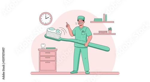 Humorous Dental Care Doctor Holding Giant Toothbrush With Toothpaste Illustration