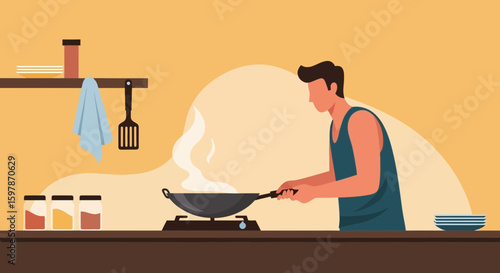 Illustration Of A Man Cooking Food In A Wok At Home In The Kitchen