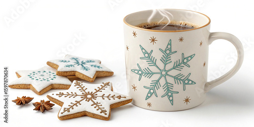 Cozy Winter Coffee Mug with Snowflake Design and Star Cookies