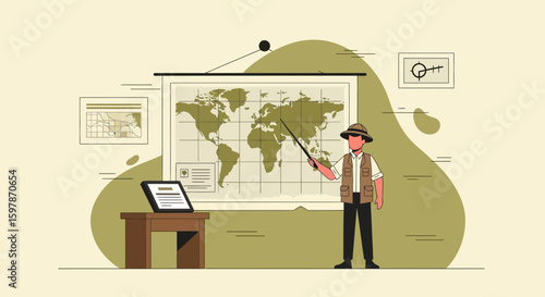 Explorer Presenting World Map in Retro Style Environment For Learning Geography