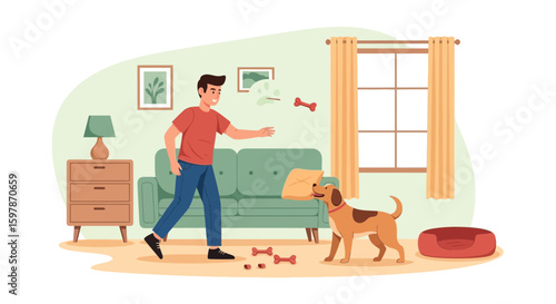Cheerful Man Playing With A Playful Dog At Home In The Living Room
