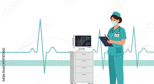 Medical Professional Analyzing Patient Data On Monitor With Health Information Background