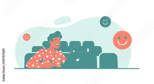 Cheerful Man Working On Laptop With Positive Feedback Icons Illustration