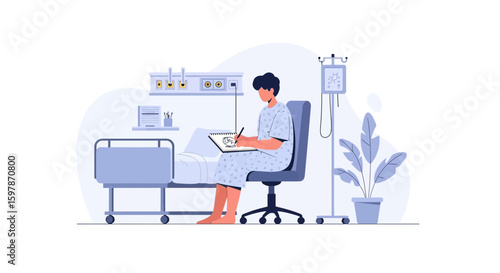 Illustration Of Patient In Hospital Room Drawing On Sketchbook For Recovery
