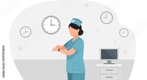 Medical Professional Checking Time In A Busy Hospital Environment Illustration