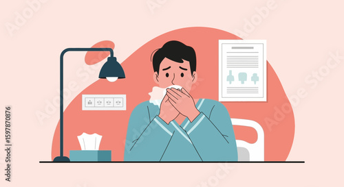 Illustration Of Unwell Man Wipes His Nose With Tissue At The Workplace