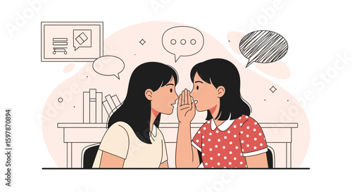 Illustration Of Two Young Women Sharing A Secret Or Gossip In A Classroom Setting