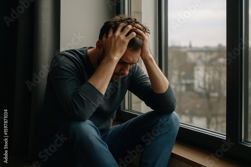 A man sits by the window, holding his head in despair