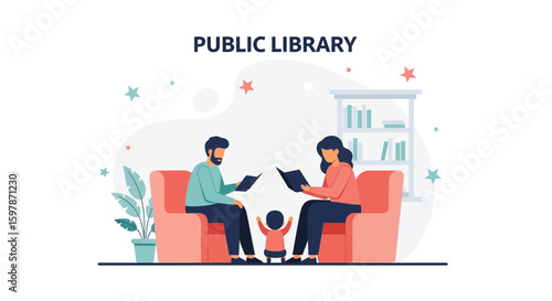 Family Reads Books Together At Public Library With Bookshelf And Plant
