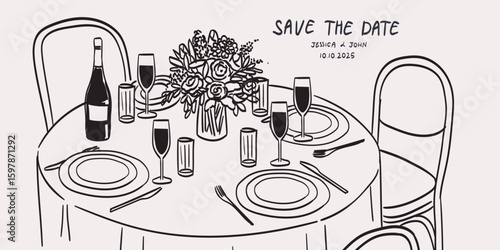 Wedding table dinner. Save the date card, poster, banner or placard. Wine and flowers bouquet drawing for wedding invitations, cafe menus and parties. Served table in restaurant or cafe in ink style.