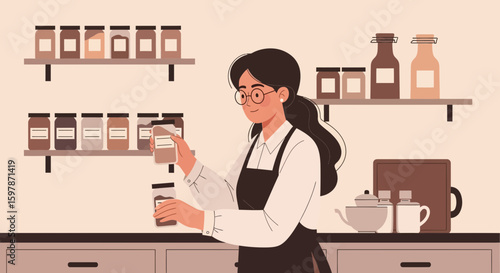 Illustrative Young Woman Preparing Natural Products in A Vintage Kitchen Setting